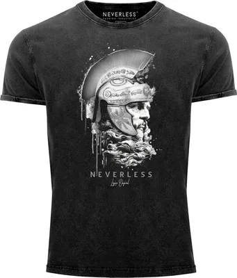 Produktbild von Neverless® Herren T-Shirt Vintage Shirt Printshirt Sparta Spartaner Kopf Helm Krieger Fashion Streetstyle Aufdruck Used Look Slim Fit schwarz S