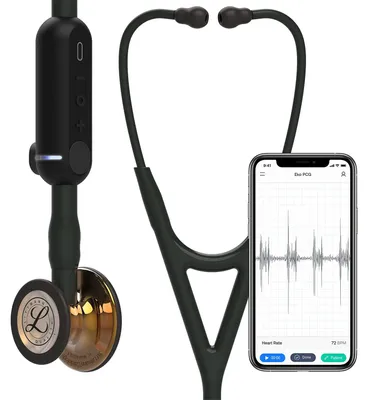 Produktbild von 3M Littmann CORE Digital-Stethoskop, hochglanzpoliertes, kupferfarbenes Bruststück, schwarzer Schlauch, Schauchanschluss und Ohrbügel, 69 cm, 8863