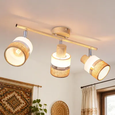 Obrázok produktu pre ZMH LED stropné svietidlo, 3 bodové svetlá, pätica E14, kuchynská lampa, stropné svietidlo, štýl boho, drevený vzhľad, otočné, retro, 350°, max. 25W, vhodné do chodby, spálne, obývačky