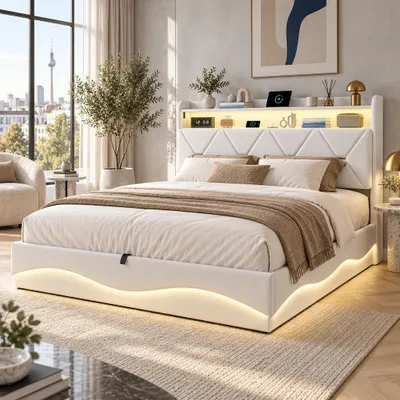 Productafbeelding van INONEFT Gestoffeerd bed 140x200 cm met LED-verlichting, tweepersoonsbed met USB-poorten, hoofdeinde met planken en verborgen opbergruimte, bedframe met lattenbodem, fluweel, beige