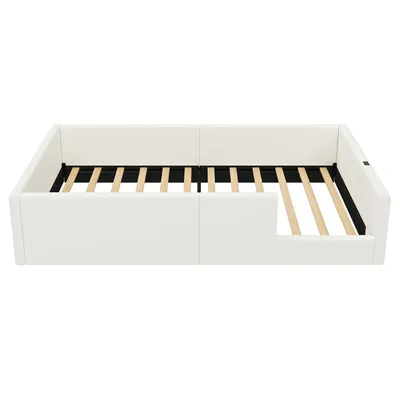 Produktbild von Merax 90x200 Polsterbett Kinderbett 90x200, mit gepolstert, Schutzgeländer, USB & Typ C, Jugendbett, Softbett, Flachbett, Bodenbett, PU, weiß