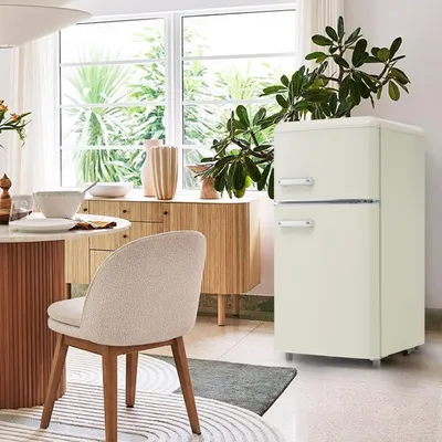 Zdjęcie produktu dla Lodówka retro AIORBER dwudrzwiowa 72L (komora zamrażarki 21L), wolnostojąca, EEK E, cicha 39dB, oświetlenie LED, biała