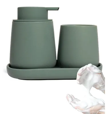 Immagine prodotto di Set da bagno in Vetroceramica, verde, composto da 3 pezzi: dispenser per sapone, bicchiere per lo spazzolino e vassoio portaoggetti