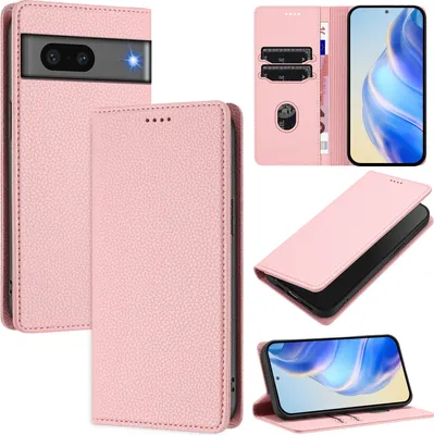 Image de Étui en cuir pour Google Pixel 7, Litschi cuir, étui portefeuille avec fentes pour cartes et support Rose