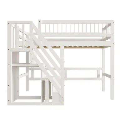 Produktbild von MODFU Hochbett 90x200cm mit Rausfallschutz, Etagenbett Kinderbett mit Stauraum Treppe, Massivholzbett Stockbett mit Lattenrost, Jugendbett Bettgestell, Weiß