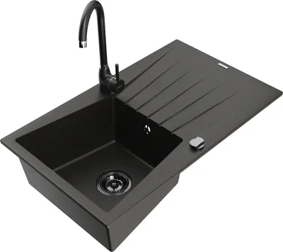 Produktbild von Mexen Cesar 1 Becken-Granitspüle mit Abtropffläche und Mischbatterie Telma, Schwarz/Gold - 6514-75-670200-70-B