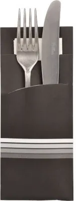 Immagine prodotto di 520 sacchetti per posate 20 cm x 8,5 cm a righe bianche/nere con tovagliolo colorato 33 x 33 cm a 2 strati.