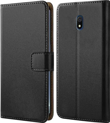 A black flip case for a smartphone is shown from two angles.