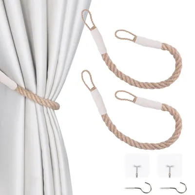 Image de Attaches pour rideaux en corde de chanvre, attaches décoratives faites main (lot de 2, beige)