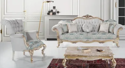 Produktbild von Casa Padrino Luxus Barock Wohnzimmer Set Grau / Türkis / Antik Gold - 2 Sofas & 2 Sessel & 1 Couchtisch - Wohnzimmer Möbel im Barockstil - Edel & Prunkvoll