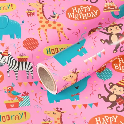Produktbild von Geschenkpapier Happy Birthday, Rosa, 0,70 x 10 m - Geburtstagspapier für Kinder