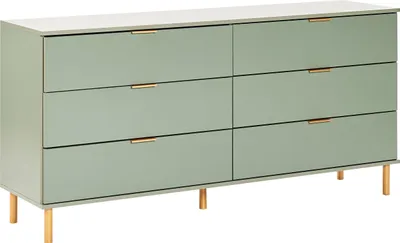 Produktbild von BELIANI Kommode Grün Faserplatte mit 6 Schubladen Goldene Griffe Helle Holzfüße Modernes Retro-Design Mehrzweckkommode Sideboard für Schlafzimmer