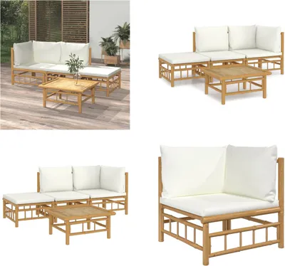 Produktbild von vidaXL 4 tlg. Garten Lounge Set mit Cremeweißen Kissen Bambus - Garten Lounge Set - Garten Lounge Sets - Lounge Set - Gartenmöbel Set