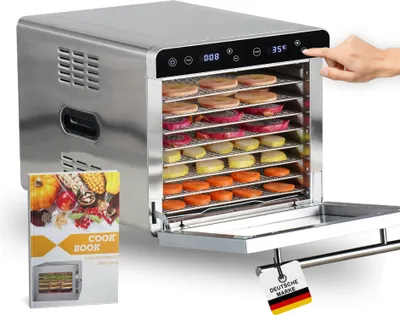 Produktbild von Sommertal Dörrautomat Silence 700 XXL inkl. 8 Edelstahl Dörrgitter, LED-Display, 24h Timer, Temperatureinstellung von (35°C–85°C) einstellbar, inkl. Kochbuch, Profi Dörrgerät, 700W Dehydrator