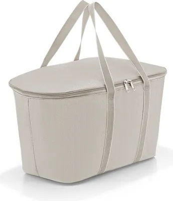A beige cooler bag with handles and a zipper is shown against a white background.