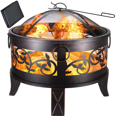 Produktbild von GARDEBRUK® Feuerschale mit Funkenschutz Rund Ø66cm Schürhaken Abdeckung Schwarz Modern Terrasse Garten Feuerstelle Feuerkorb Kamin Ofen Holz Grill