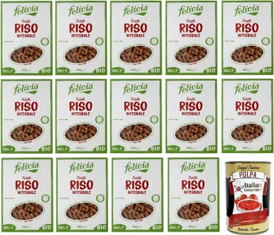 Produktbild von 14x Felicia Fusilli di Riso Integrale,Pasta mit 100% braunem Reis aus der italienischen Lieferkette,Bio und Natürlich Glutenfrei,Packung mit 340g + Italian Gourmet Polpa di Pomodoro 400g Dose