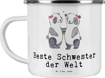 Produktbild von Mr. & Mrs. Panda blechbecher Panda Beste Schwester der Welt - Weiß - Geschenk, Liebe, Haferl, Emailletasse, Emaille Tasse, Pott, Kleinigkeit, Geschenkidee, Geschwister