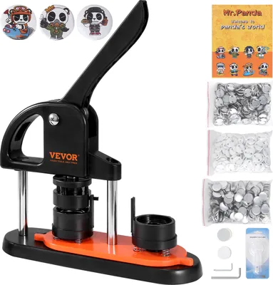 A button making machine with various accessories and sample buttons.