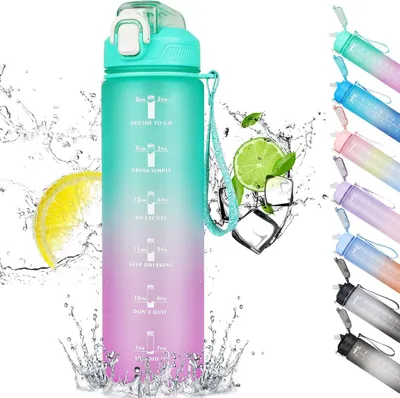 Produktbild von Sportflasche 1 L, mit Strohhalm und Zeitmarkierungen, auslaufsicher, BPA-frei, fuer Sport