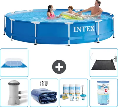 Produktbild von Intex Rundrahmen-Schwimmbecken – 366 x 76 cm – Blau – inklusive Pumpe Sonnensegel - Wartungspaket - Filter - Bodenplane - Solarmatte