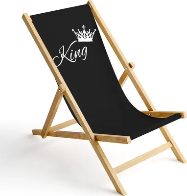 A black deck chair with a white crown and the word "King" printed on it, set against a white background.