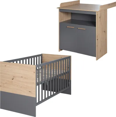 Produktbild von roba Babymöbel Set Anna 2-teilig - Baby- & Beistellbett 60 x 120 cm + Wickelkommode mit abnehmbarem Aufsatz - in Anthrazit / Nachbildung Kent Eiche