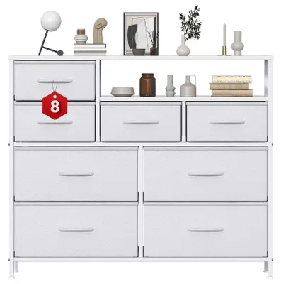 Productafbeelding van Zimilo Kommode, wit, met 8 stoffenladen en een open vak. Stoffen kommode, 100x30x83,5 cm. Dressoir/zijtafel voor slaapkamer, woonkamer en hal