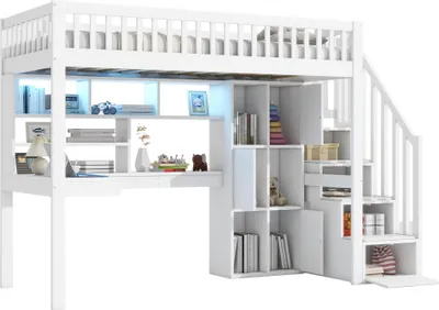 Produktbild von Merax Etagenbett Hochbett 90x200 cm, mit LED-Leuchten, Schreibtisch, Regalen, Stauraumleiter, Kinderbett aus Holz, Stockbett, Weiß