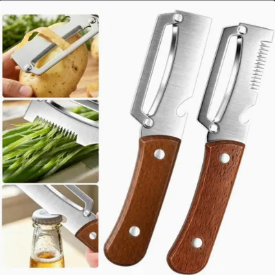 Produktbild von Gemüseschäler 3in1 – 2 Stück Sparschäler Edelstahl Holzgriff,Julienne & Flaschenöffner, Sparschäler für Obst