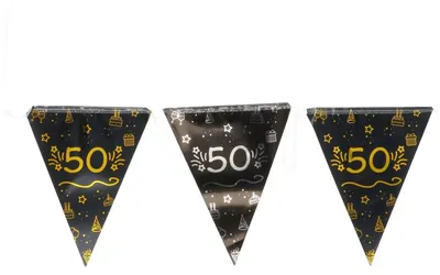 Produktbild von Folat 25068 Party Deko Schwarz Gold Silber - Wimpelkette - 50 - Shining Glam - 4 Meter - Für Geburtstag, Jubiläum, 50 Jahre