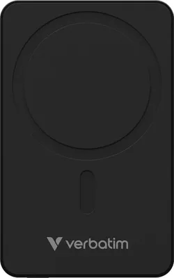 A black Verbatim power bank is shown against a white background.