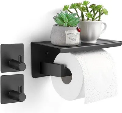 Image de Porte-papier toilette noir en acier inoxydable, autocollant, à fixation murale