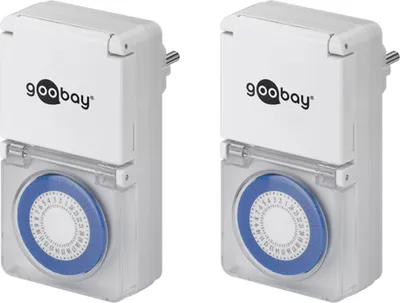 Produktbild von Goobay 55547 2er-Set: Analoge Zeitschaltuhr IP44, 2 Stk. im Karton, Weiß - präzise und einfache Steuerung von elektronischen Geräten, für den Außenbereich geeignet