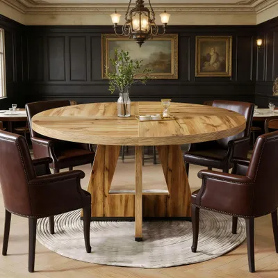 Image de Table de salle à manger ronde de style rustique, grande table de cuisine et table basse de style fermier pour la salle à manger et le salon