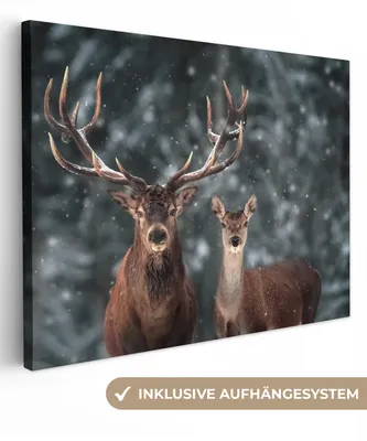 Produktbild von MuchoWow® - Leinwandbilder - Hirsche - Tiere - Winter - Geweih - Schnee - Natur, Wandbild, Wanddeko Bilder Wohnzimmer, 120x90 cm