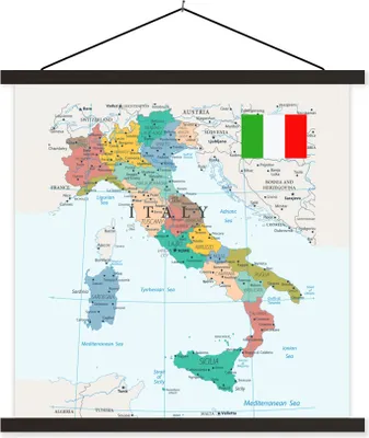 Produktbild von MuchoWow® Textilposter Karte von Italien 90x90 cm mit schwarzem Rahmen - Magnetisches