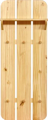 A wooden shelf with pegs on a white background.