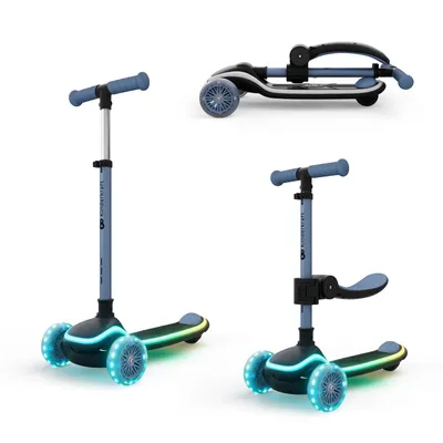Immagine prodotto di Kinderkraft RAKET UP – Monopattino 2 in 1 con sedile, luci LED e ruote RGB, regolabile in altezza, pieghevole, monopattino per bambini, blu