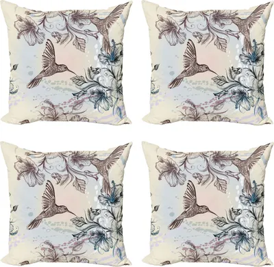 Produktbild von ABAKUHAUS Kolibri Kissenbezug Set (4 Stück), Vögel Hibiscus Flowers, Moderner Doppelseitiger Digitaldruck, 45 cm x 45 cm, Teal Brown