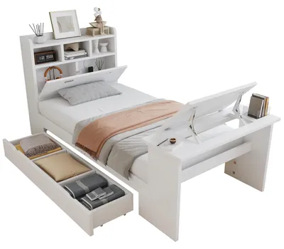 Produktbild von Kinderbett mit Stauraum und Klapptisch, mit Lattenrost, Regal, Schrank, Schubladen und Klapptisch, Holzbett, Stauraumbett, Einzelbett, 90x200 cm