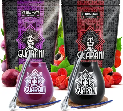 Produktbild von Guarani - Mate Tee Set Energia, Maracuya 2x500g - Mate Becher Keramik Violett, Schwarz - 2 Bombillas - Rauchig, Viel Staub - Yerba Mate - Paraguay