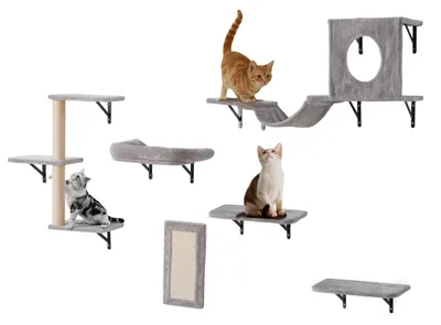 Productafbeelding van VEVOR wandplanken voor katten, kattenwanden met planken en zitstokken, met springplanken, hangmat, sofa, krabpaal en klimhaken. Kattenmeubels en planken tot 18 kg, geschikt om in te slapen, te spelen en te klimmen
