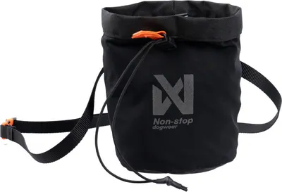 A black treat bag with a drawstring closure and a logo.