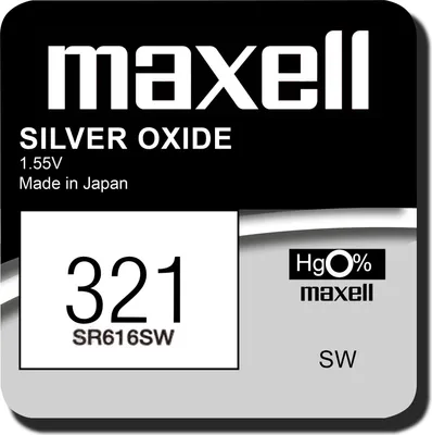 A product image of a Maxell 321 silver oxide button cell battery.