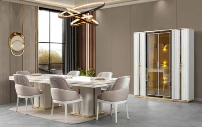 Produktbild von Esstisch 6x Stühle Schrank Mit Beleuchtung Glastüren Weiß Esszimmer Set