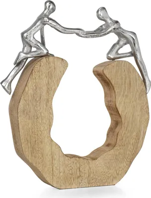 Produktbild von Moderne Dekofigur Hilfe leisten - 28,5 x 6 x 32,7 cm - 2 stilisierte Personen auf Holzsockel als Symbol für Zusammenhalt Freundschaft Familie - Skulptur Figur Wohnzimmer Büro Geschenkidee