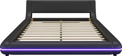Produktbild von Flieks Polsterbett 140x200cm mit LED, Doppelbett Jugendbett mit Lattenrost, Klassisches Bett Holzbett Schwebebett Bodenbett, PU, Schwarz
