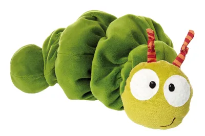 A stuffed caterpillar toy on a white background.