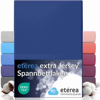 A stack of folded bed sheets in various colors, with the main product in navy blue prominently displayed.